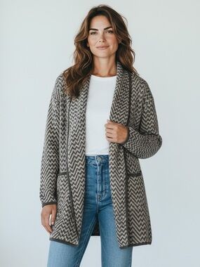 Jana Open-Front Chevron Knit Cardigan - Black & Gray, Sz S/M